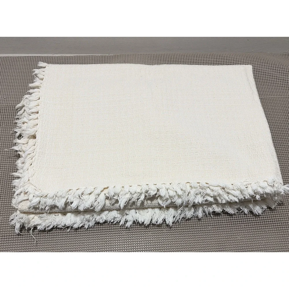 Oversized Cream Throw Blanket Textured Woven Cotton Fringe Edges 76x52 Vintage